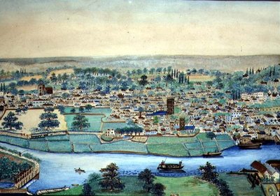 Utsikt över en stad och flod, ca 1830 (akvarell på papper) av English School