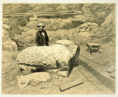 Utsikt över ett kolossalt lejon på sin sida, med Newton bakom, från A History of Discoveries at Halicarnassus, Cnidus, & Branchidae, av Charles Thomas Newton (1816-94) publicerad 1862 av English School