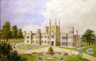 Utsikt över ett hus i gotisk stil med en formell trädgård, ca 1840 (akvarell på papper) av English School