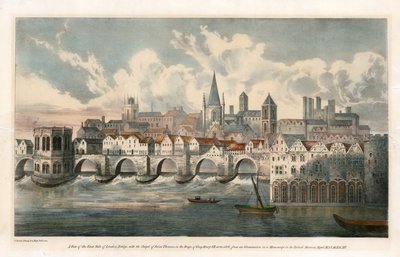 Vy över den östra sidan av Old London Bridge från BM Royal MSS av English School