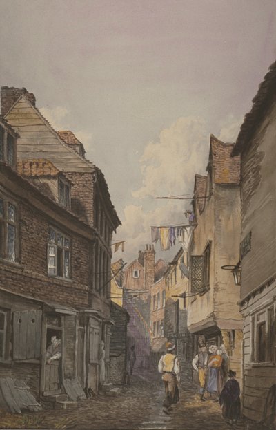 Vy över figurer i Glean Alley, Bermondsey, ca 1825 (wc på papper) av English School