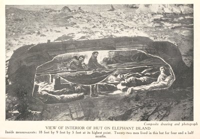 Utsikt över hyddans inre på Elephant Island, från "South: the story of the 1914-1917 expedition", av Sir Ernest Shackleton av English School