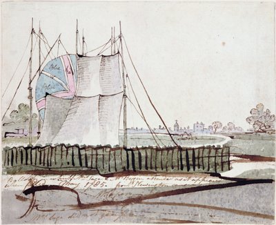 Utsikt över ballongen i Newington Causeway, maj 1785 (bläck och wc på papper) av English School