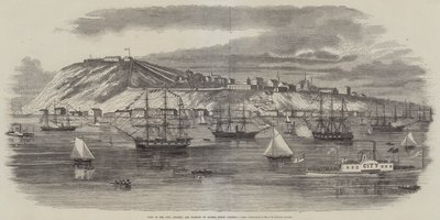 Vy över staden, citadellet och hamnen i Quebec, Nordamerika (gravyr) av English School