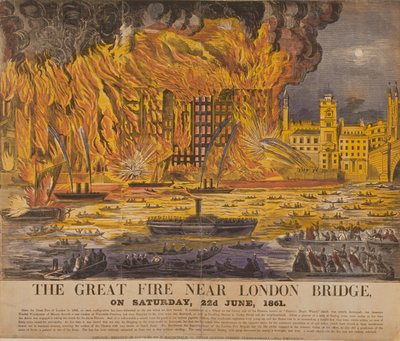 View of the Cottons Wharf Fire, 1861 (träsnitt i färg) av English School