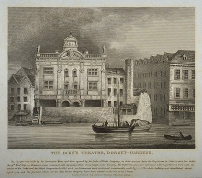 Utsikt över Dukes Theatre, Dorset Gardens, från Themsen, 1814 av English School