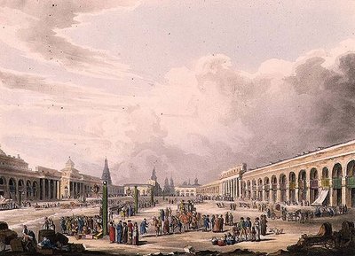 Utsikt över det stora torget med butikerna i Moskva, skylt 3 från "Historical Sketch of Moscow", pub. av Rudolph Ackermann (1764-1834) 1813 (akvatint) av English School