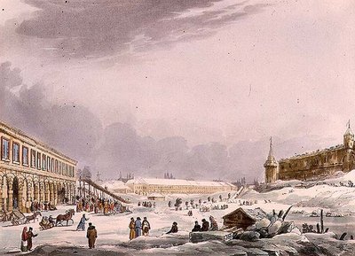 Utsikt över iskullarna under karnevalen i Moskva, tallrik 8 från "Historical Sketch of Moscow", pub. av Rudolph Ackermann (1764-1834) 1813 (akvatint) av English School
