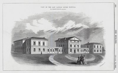 Utsikt över New London Fever Hospital (gravyr) av English School