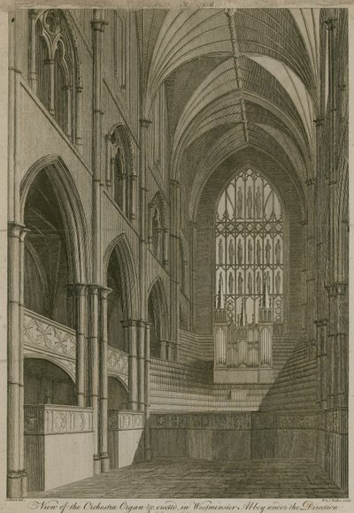 Utsikt över orkesterorgeln etc uppförd i Westminster Abbey, London av English School