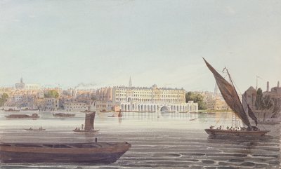 Utsikt över flodens front av New Somerset House, från Bankside, 1796 av English School