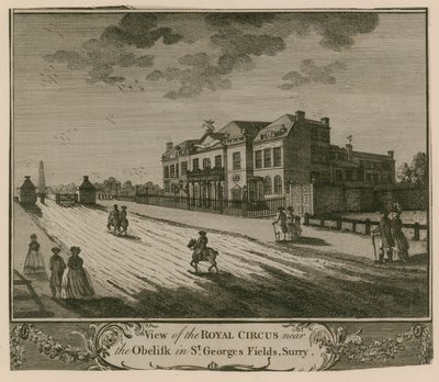 Vy över den kungliga cirkusen nära obelisken i St Georges Fields, Surry av English School