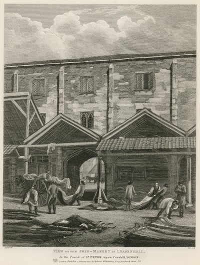 Utsikt över hudmarknaden i Leadenhall, i Parish of St Peter upon Cornhill, London av English School