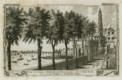 Utsikt över trappan i York Buildings, London med Water Works och den avlägsna utsikten över Westminster Bridge av English School