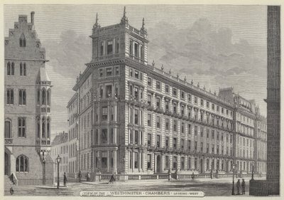 Vy över Westminster Chambers, tittar västerut (gravyr) av English School