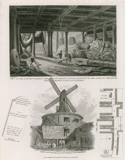 Utsikt över framlidne pastor Charles Skeltons möteshus intill platsen för Globe Theatre av English School