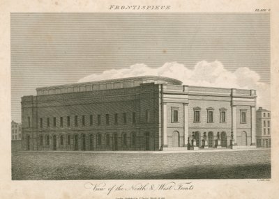 Utsikt över norra och västra fronterna av Drury Lane Theatre, London av English School