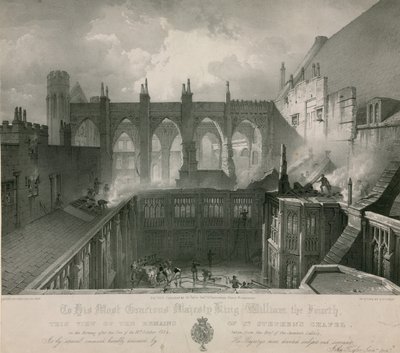 Utsikt över resterna av St Stephens Chapel på morgonen efter branden av English School