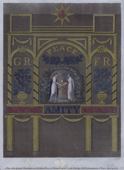 Utsikt över den fantastiska belysningen vid M Ottos hus på Portman Square, London, på fredsförkunnandets kväll den 29 april 1802 (färgad gravyr) av English School