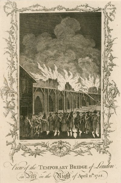 Utsikt över Londons tillfälliga bron i brand natten till den 11 april 1758 av English School