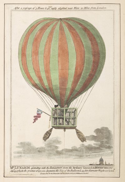 Vincent Lunardi i luften efter sin uppstigning från Moorfields, september 1784 (färgad gravyr) av English School