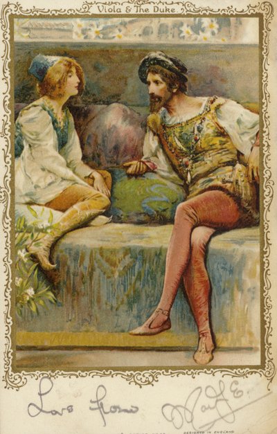 Viola och hertigen i William Shakespeares spelar Twelfth Night av English School