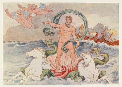 Virgils Aeneid: Neptunus stillar vågorna (färg litho) av English School