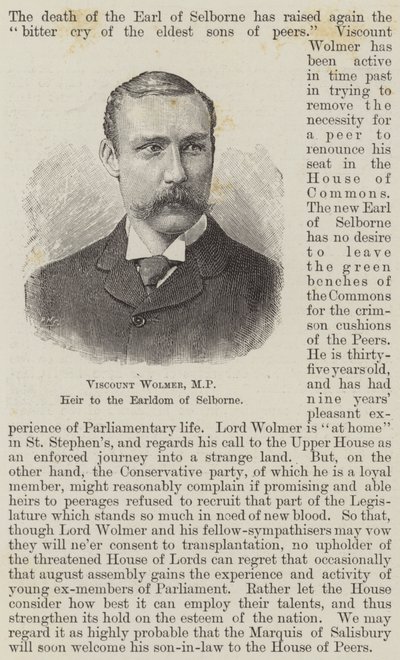 Viscount Wolmer, MP, arvtagare till jarldömet Selborne (gravyr) av English School
