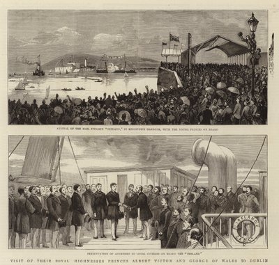 Besök av deras kungliga högheter prinsarna Albert Victor och George av Wales i Dublin (gravyr) av English School