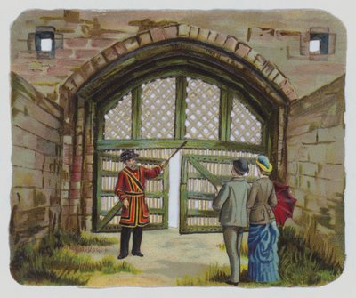 Besök i Tower of London, viktoriansk skrotning (färglitografi) av English School