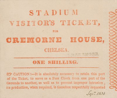 Besöksbiljett till The Stadium, Cremorne House, London, september 1836 av English School