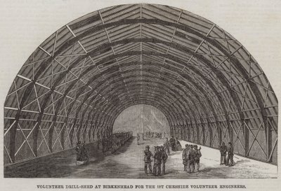 Frivilligt borrskjul i Birkenhead för de första Cheshire Volunteer Engineers (gravyr) av English School