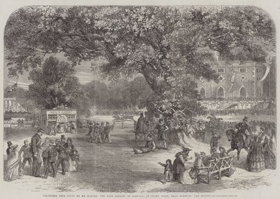 Volontärfest ges av Mr Harvey, High Sheriffen i Norfolk, på Crown Point, nära Norwich, the Sports (gravyr) av English School