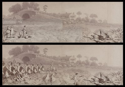 Volontärgranskning på Wormwood Scrubs som visar Mitre Tavern och Mitre Bridge, Hammersmith, ca 1800 (tvätt på papper) av English School