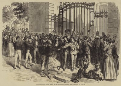 Volontärarbete i Paris, scen på rekryteringskontoret i St Dominic, St German (gravyr) av English School