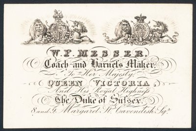 W F Messer, buss och seletillverkare till hennes majestät drottning Victoria och hertigen av Sussex, handelskort av English School