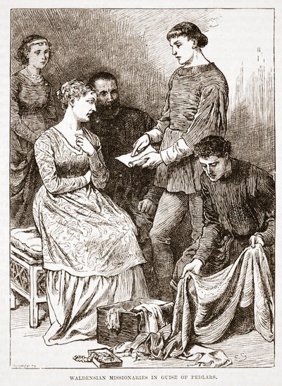 Waldensiska missionärer i skepnad av Pedlars, illustration från The History of Protestantism av James Aitken Wylie (1808-1890), pub. 1878 av English School