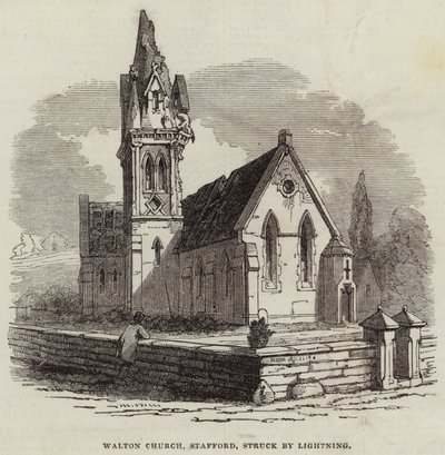 Walton Church, Stafford, träffad av blixten (gravyr) av English School