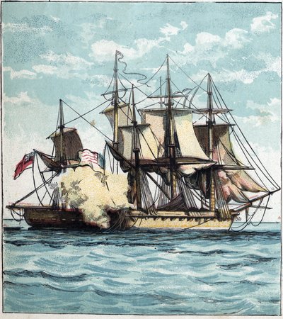 1812 års krig mellan USA och Storbritannien: Chesapeake-fregatten under sjöstriden mot den brittiska fregatten "" Shannon"" den 1/06/1813 utanför Boston. "Chesapeake och Shannon" av English School