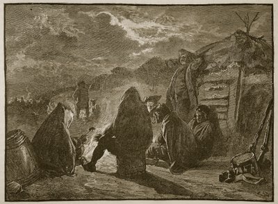Washington vid lägerelden i Valley Forge, illustration från Cassells Illustrated History of England (sepiafoto) av English School
