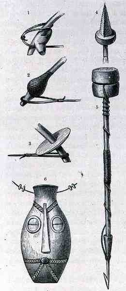 Vapen, amulett och harpun från Manyema, från The History of the Mankind, Vol.III, av Prof. Friedrich Ratzel, 1898 av English School