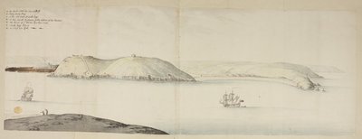 Västra ingången till Cork Harbour, från Kidds, eller Cow and Calf, till Cross Beg Island; West Entrance of Cork Harbour, som visar Halbowlin Island, Spike Island och Cross Haven, ca 1684 (penna & bläck & akvarell på papper) av English School