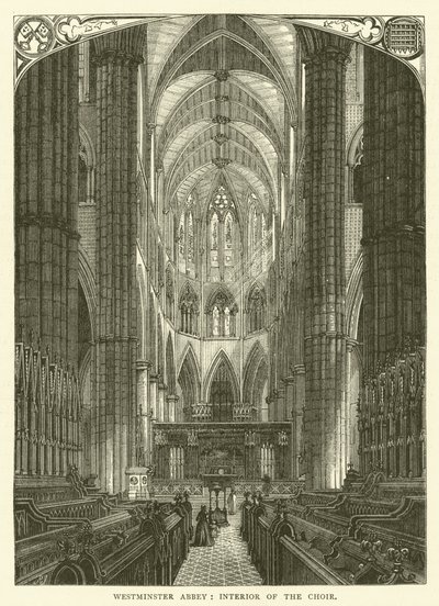 Westminster Abbey, interiör av kören (gravyr) av English School