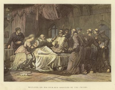 Wicliffe auf seinem Krankenbett von den Mönchen angegriffen von English School