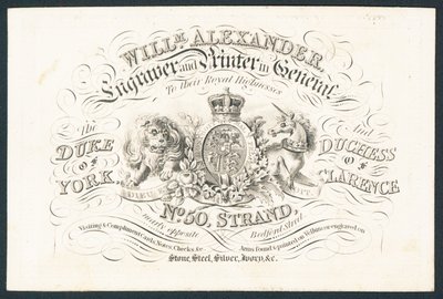 William Alexander, gravör och tryckare i allmänhet till deras kungliga högheter, handelskort av English School