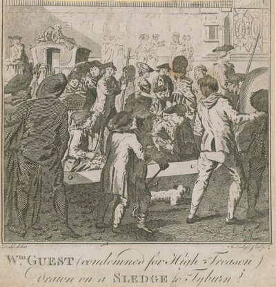William Guest, dömd för högförräderi, dragen på en släde till Tyburn av English School