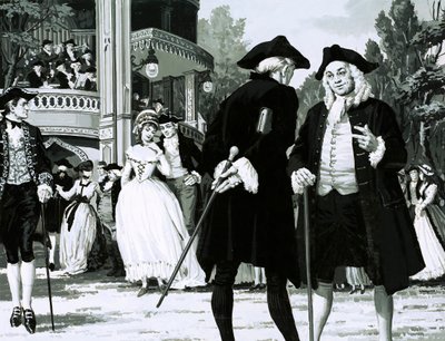 William Hogarth tar en promenad i Vauxhall Gardens (gouache på papper) av English School