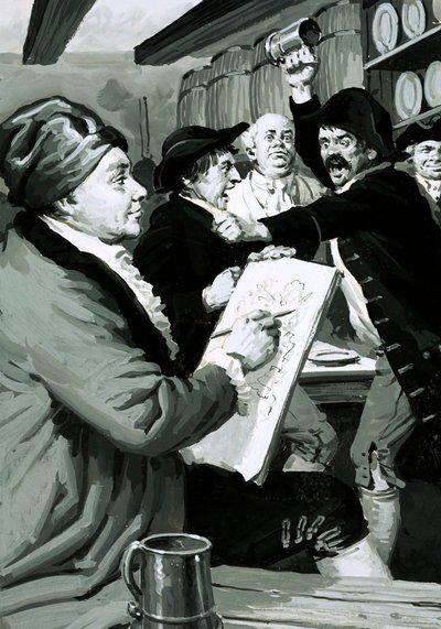 William Hogarths allra första satirteckning var inspirerad av ett krogbråk (gouache på papper) av English School
