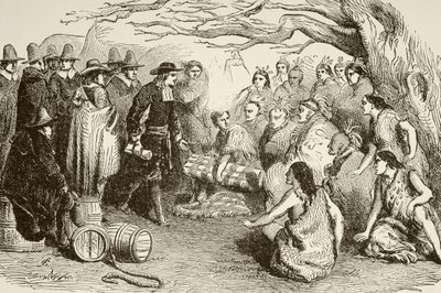William Penn sluter ett fördrag med Delaware- eller Lenape-indianerna 1682 (litho) av English School