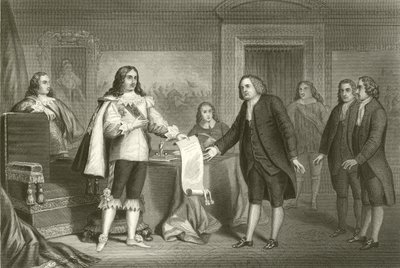 William Penn tar emot Pennsylvanias charter från Charles II av English School